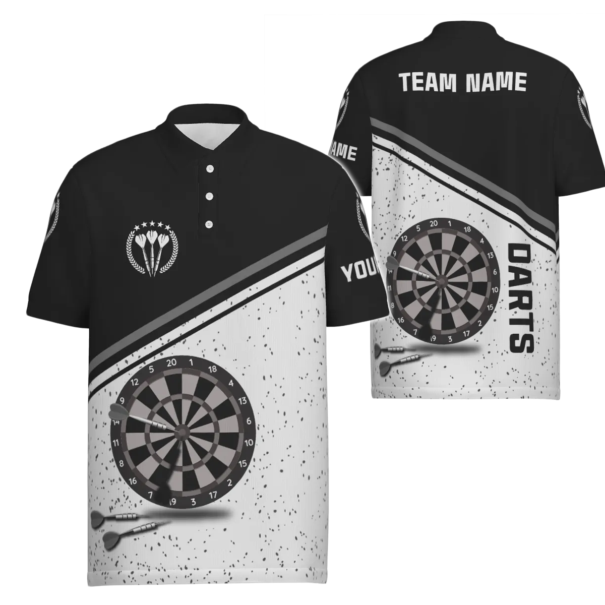 Men's Darts Polo Shirt - Black and White Grunge Design with Personalized Name - Dart Jersey E467 R1711