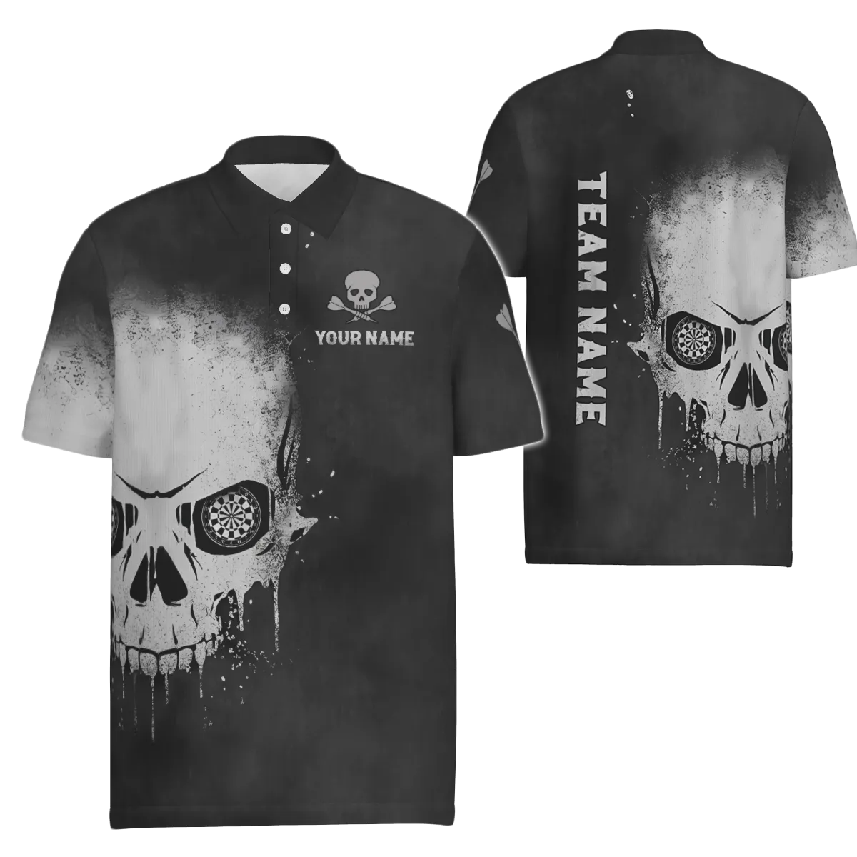 Zwart-wit dartpoloshirt voor heren met rokerig schedelontwerp - Dartshirt voor heren - Spooky Dart Jerseys S589