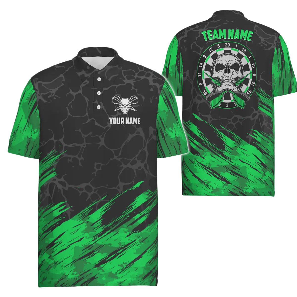 Personalized 3D Men's Skull Darts Polo Shirt - Green/Black - Dart Jerseys for Men t6853