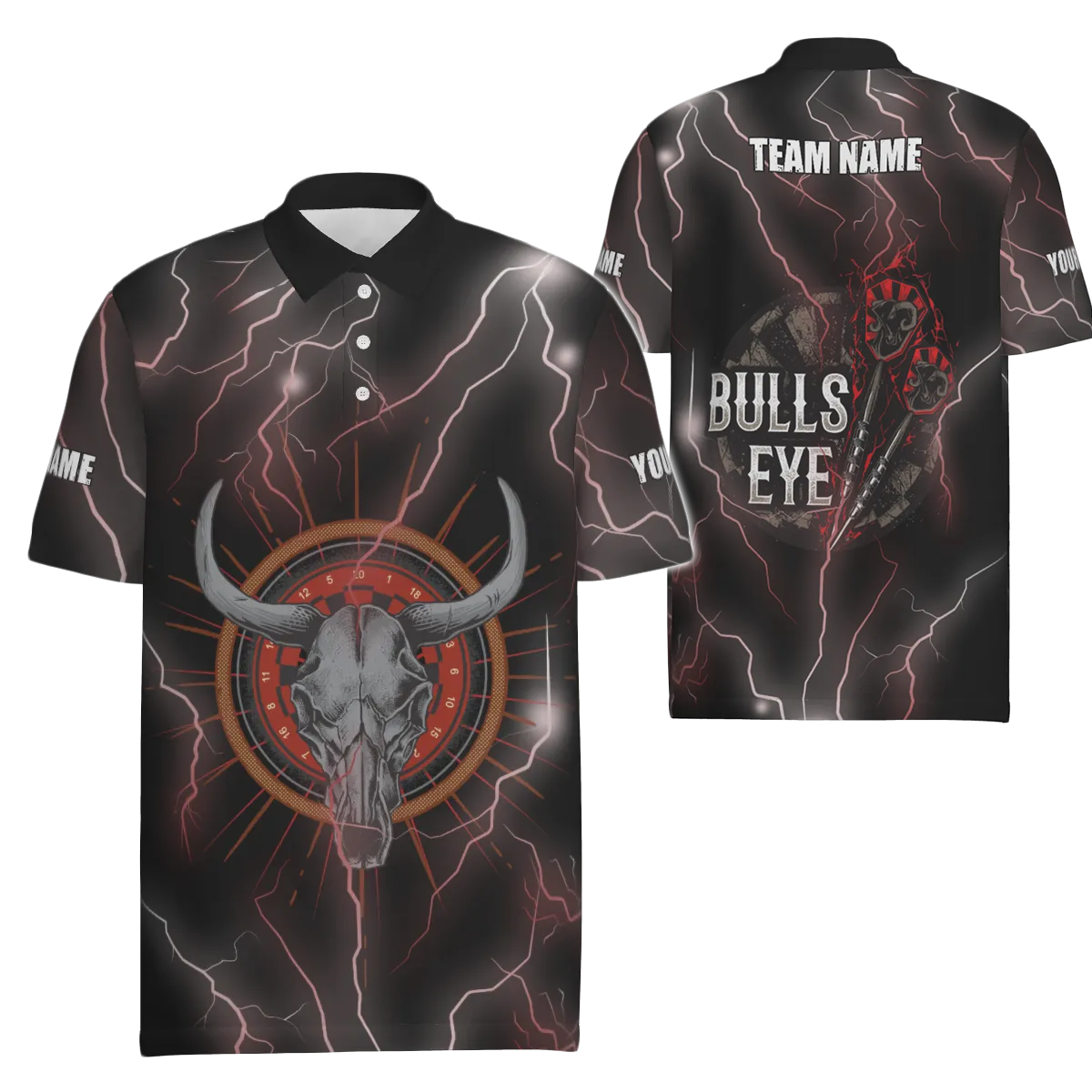 Dartshirt voor heren met Lightning-, Thunder-, Bull Skull- en Darts-design - Rood poloshirt I15