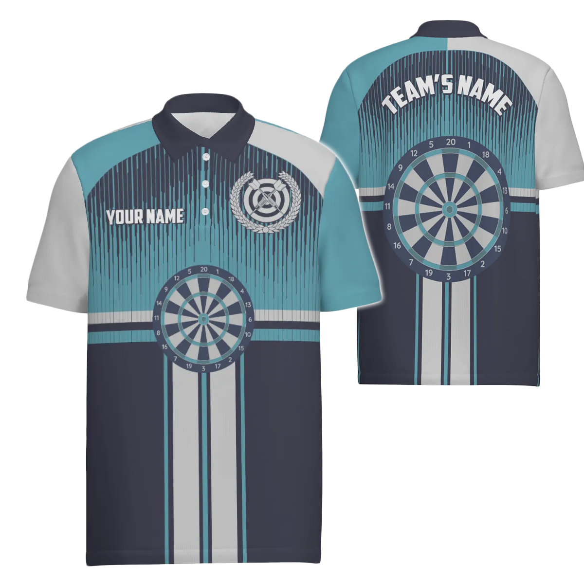 Dartbord in sportstijl, wit-blauw herenpoloshirt, dartshirt voor heren K145