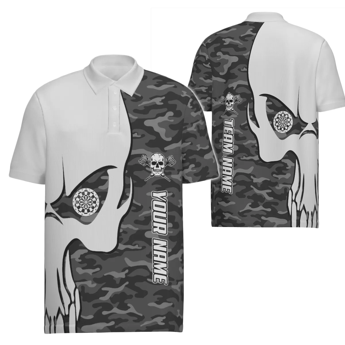 Men's Skull Darts Polo Shirt in Personalized Gray Camouflage Pattern - Ideal Dart Jersey for Men - M636