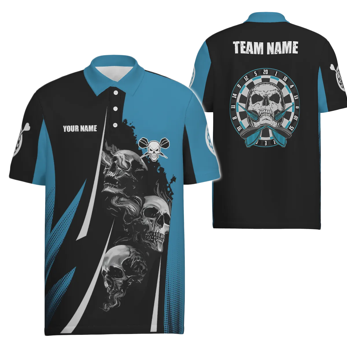 Skull Design Darts Poloshirt - Zwart-Blauw - Dart Jersey voor Heren J898