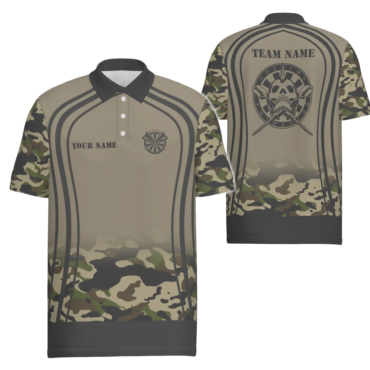 Men's Polo Shirt with Skull and Reaper Design, Personalized Camouflage Darts Shirt for Men U238
