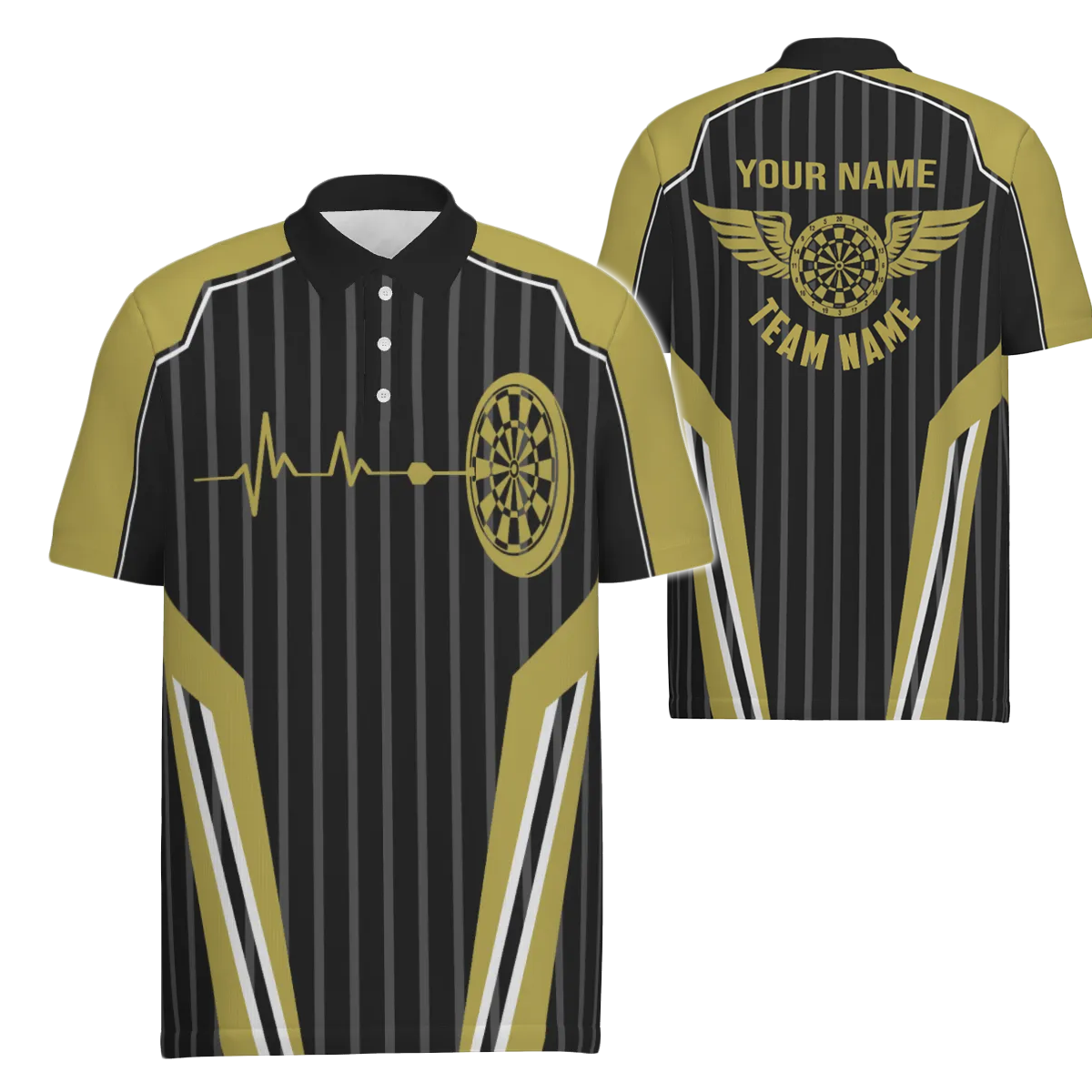 Op maat gemaakt herenpoloshirt met geel hartslagpatroon voor dartliefhebbers, Dart Jersey voor heren U735