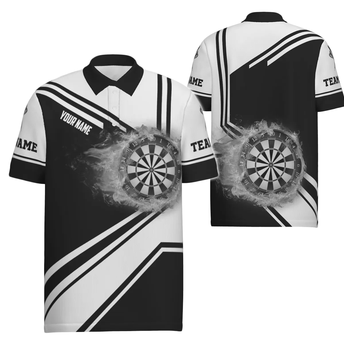 Herenpoloshirt met zwart-wit vuurvlamdartbord, dartjersey voor heren H7289