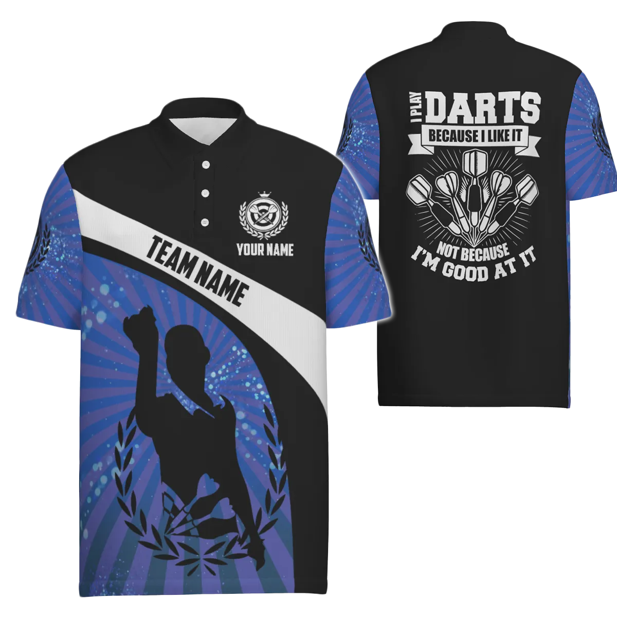 Dart-poloshirt voor heren - Blauw gestreept Dart Jersey - Ik speel Darts omdat ik er dol op ben M763