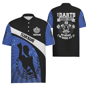 Men's Dart Polo Shirt - Blue Striped Dart Jersey - I Play Darts Because I Love It M763