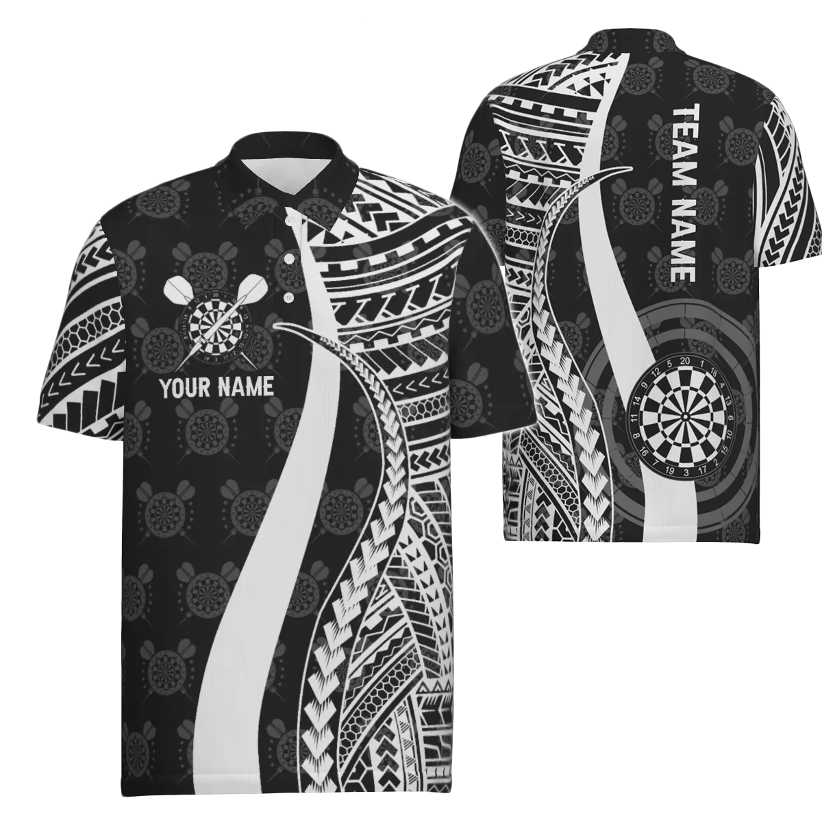 Zwart-wit Tribal Darts-poloshirt voor heren - Cool Darts-shirt voor heren Q442