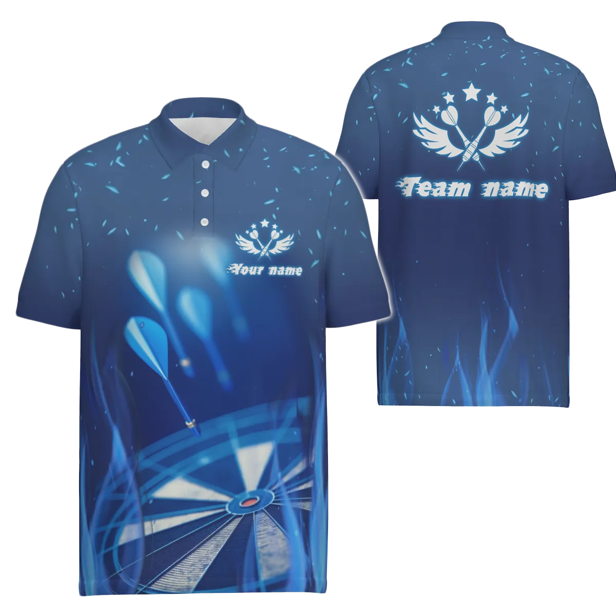 Men's Darts Polo Shirt with Blue Flame and Star Design - Cool Dart Jersey for Men V481