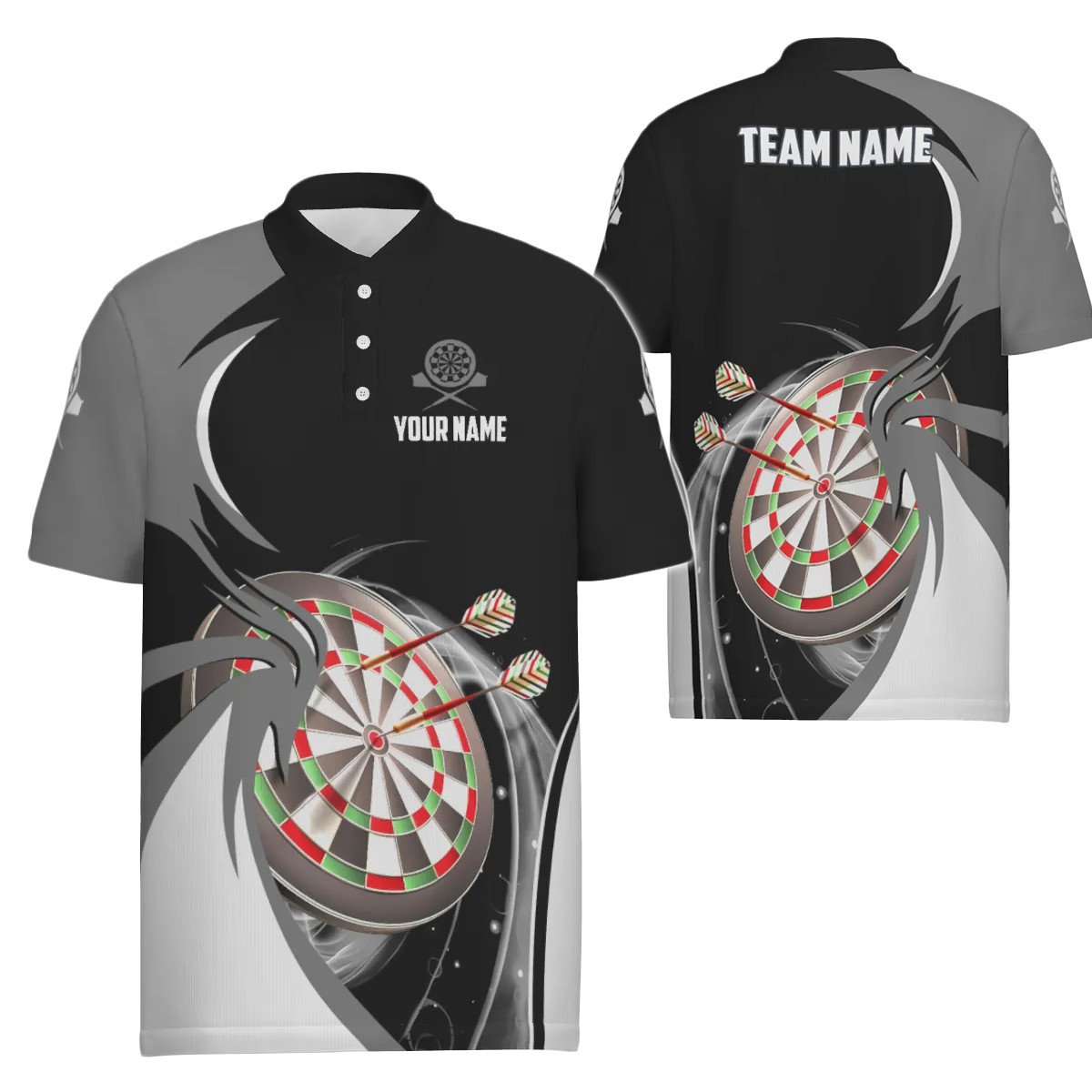 Grijs-zwart heren dartpoloshirt - gepersonaliseerd dartshirt voor heren - dartshirts e5637