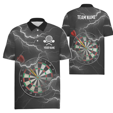 Zwart en grijs herendartspoloshirt met bliksem en donder, dartshirt voor heren, dartjersey N47