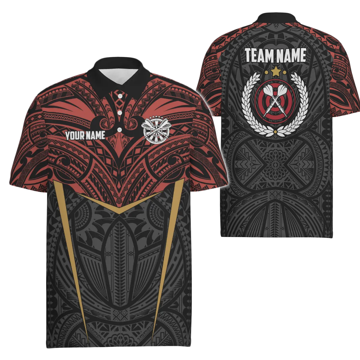 Men's Darts Polo Shirt with Red Yellow Tribal Pattern - Dart Jerseys for Men Y94