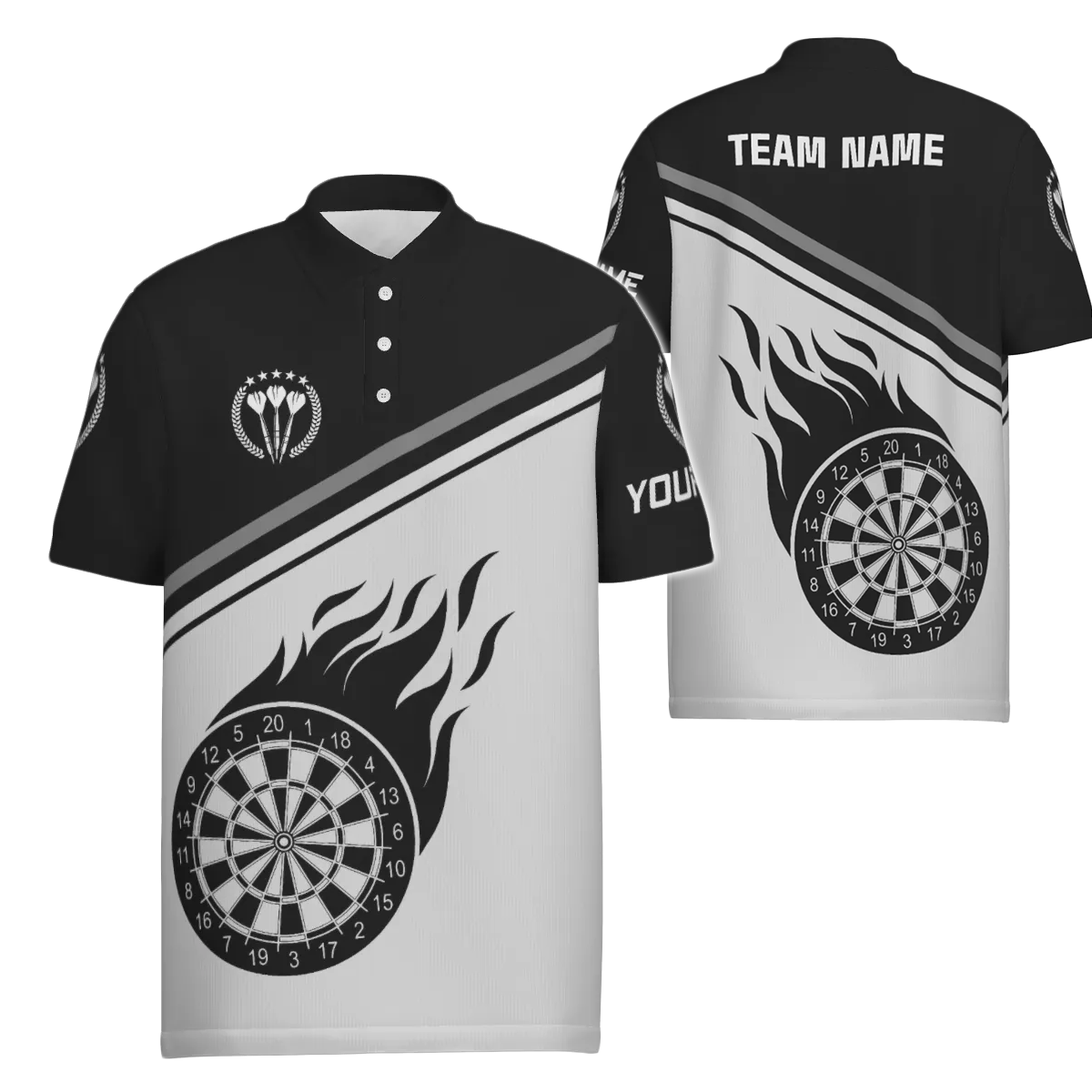 Zwart-wit Flame Darts herenpoloshirt - op maat gemaakt dartshirt voor heren - Dart Jersey d0971