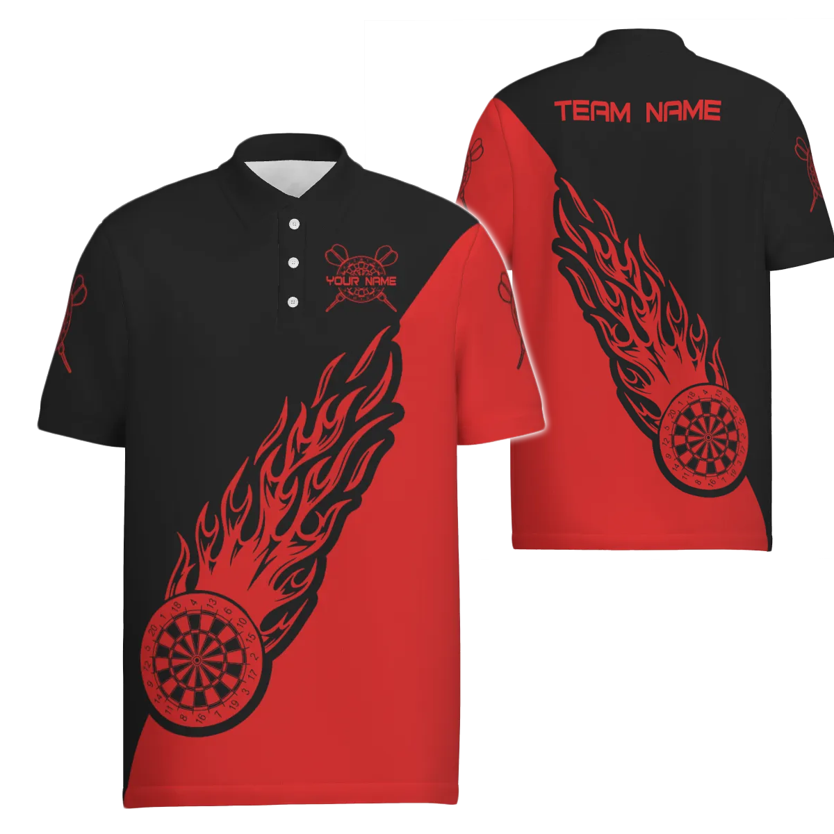 Herenpoloshirt met rood zwart vlamontwerp, dartshirt voor heren, dartjersey K541