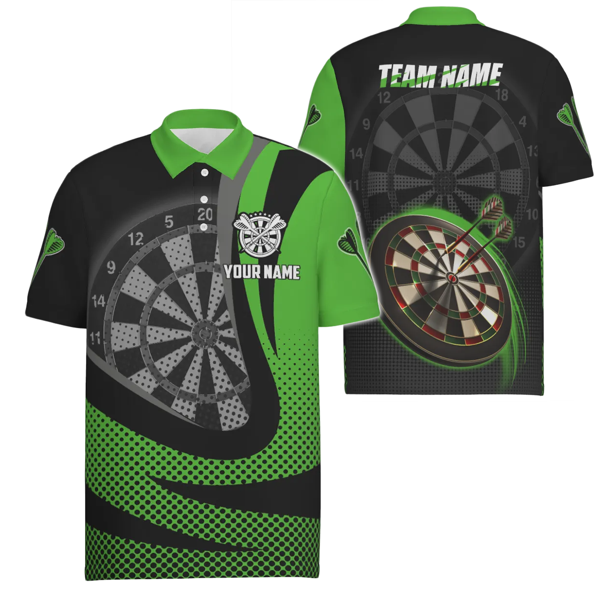 Black Green 3D Men's Darts Polo Shirt - Cool Darts Team Jersey for Men X189 Green