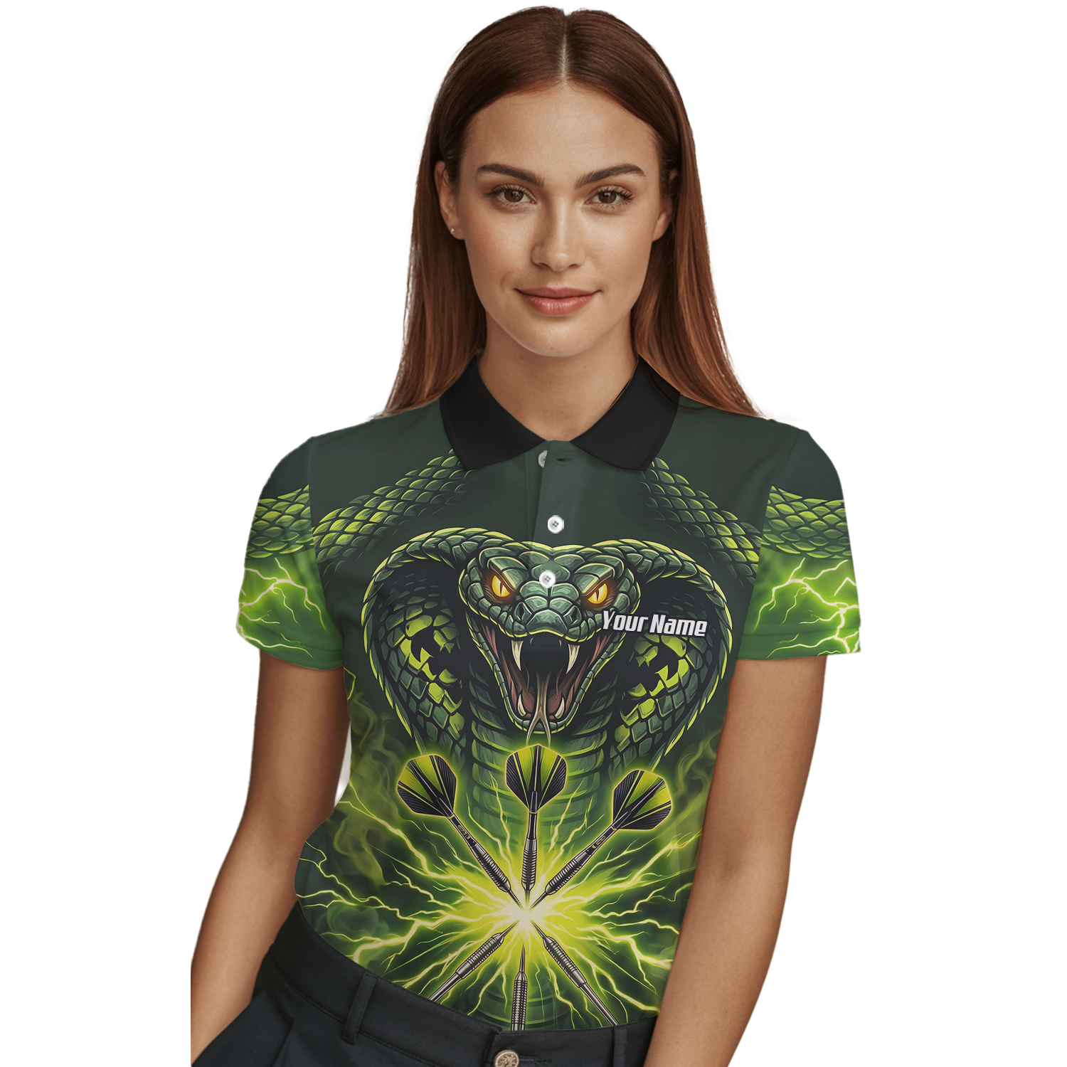 Personalised Green Cobra Snake Dart Jersey for Women Custom Lightning Graphic Dart Polo Shirt Q1658