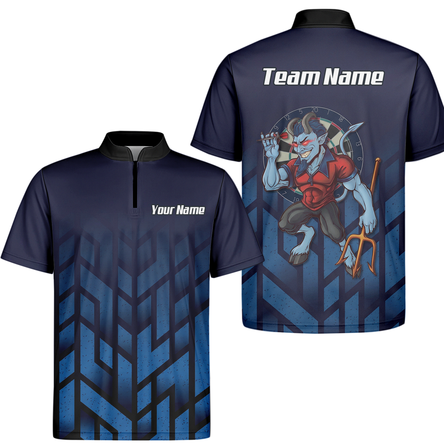 Personalised Blue Devil Dart Jersey Polo and Zipper Navy Geometric For Men R1762 - Zipper Yes