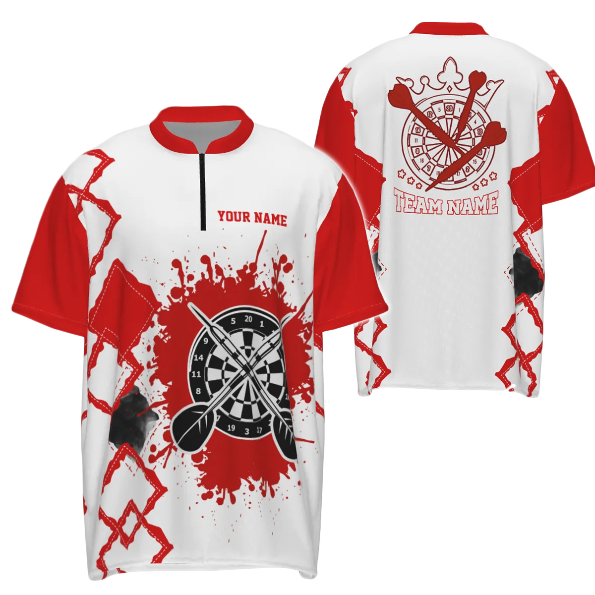 Red and White Darts 1/4 Zip Shirt - Men's Darts Team Jersey LD R489