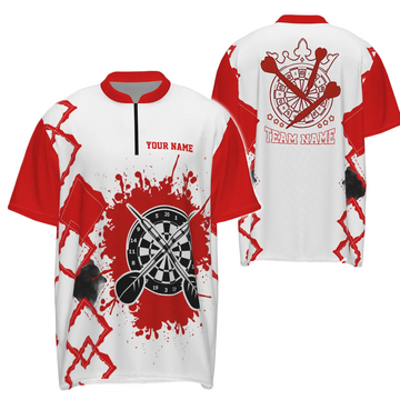 Red and White Darts 1/4 Zip Shirt - Men's Darts Team Jersey LD R489