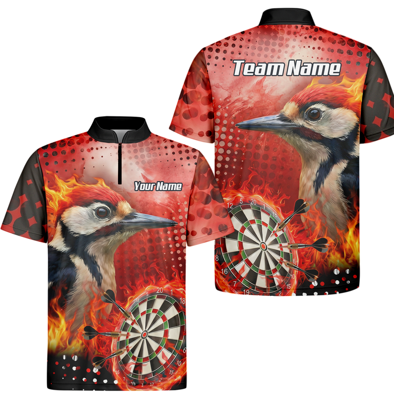 Personalised Fire Woodpecker Dart Jersey Polo and Zipper Red Black For Men R5006 - Zipper Yes