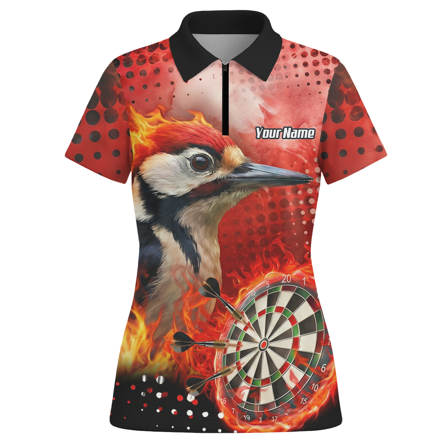 Personalised Fire Woodpecker Dart Jersey Polo and Zipper Red Black For Women R5006 - Polo -w Zipper Yes