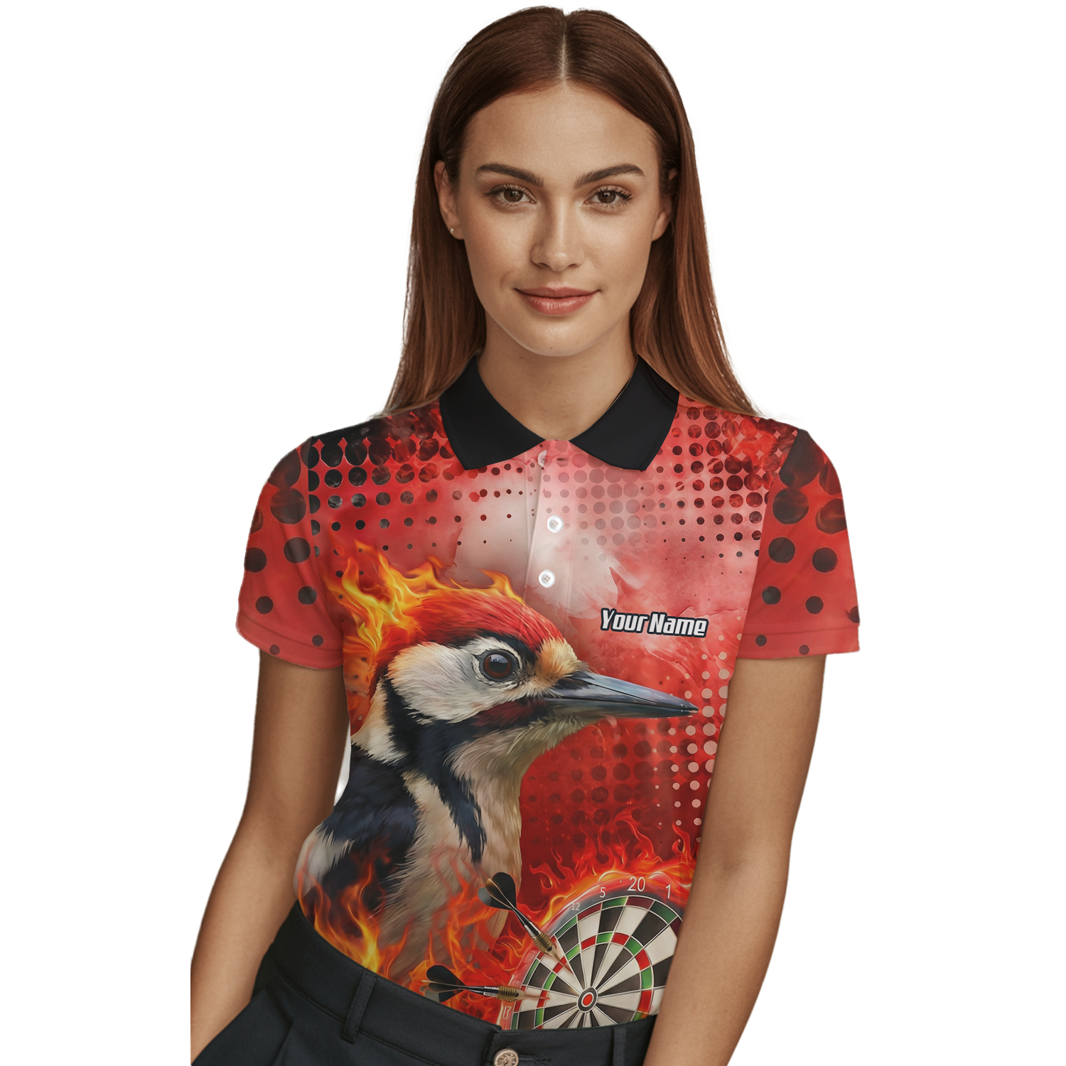 Personalised Fire Woodpecker Dart Jersey Polo and Zipper Red Black For Women R5006