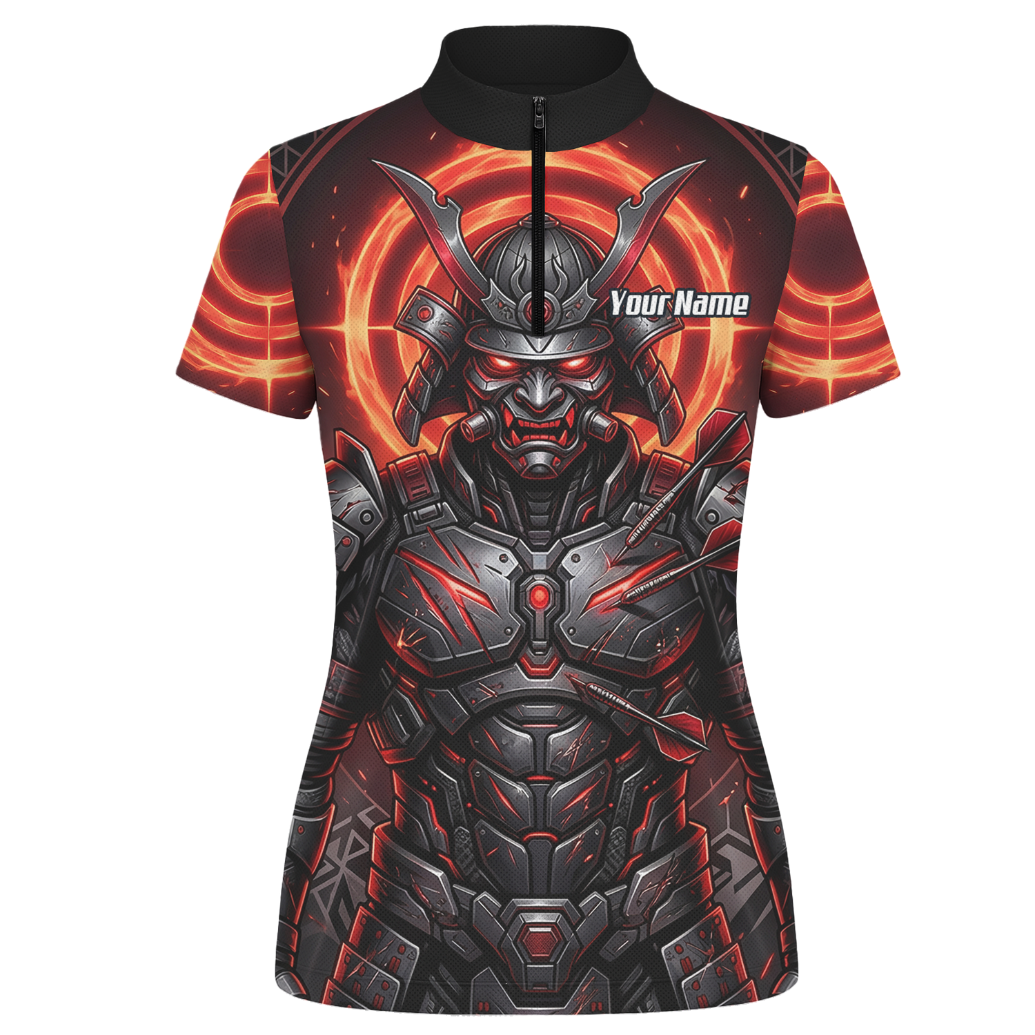 Personalised Samurai Dart Jersey for Women, Custom Red and Black Cyberpunk Darts Shirt, Darts Polo with Name R5691