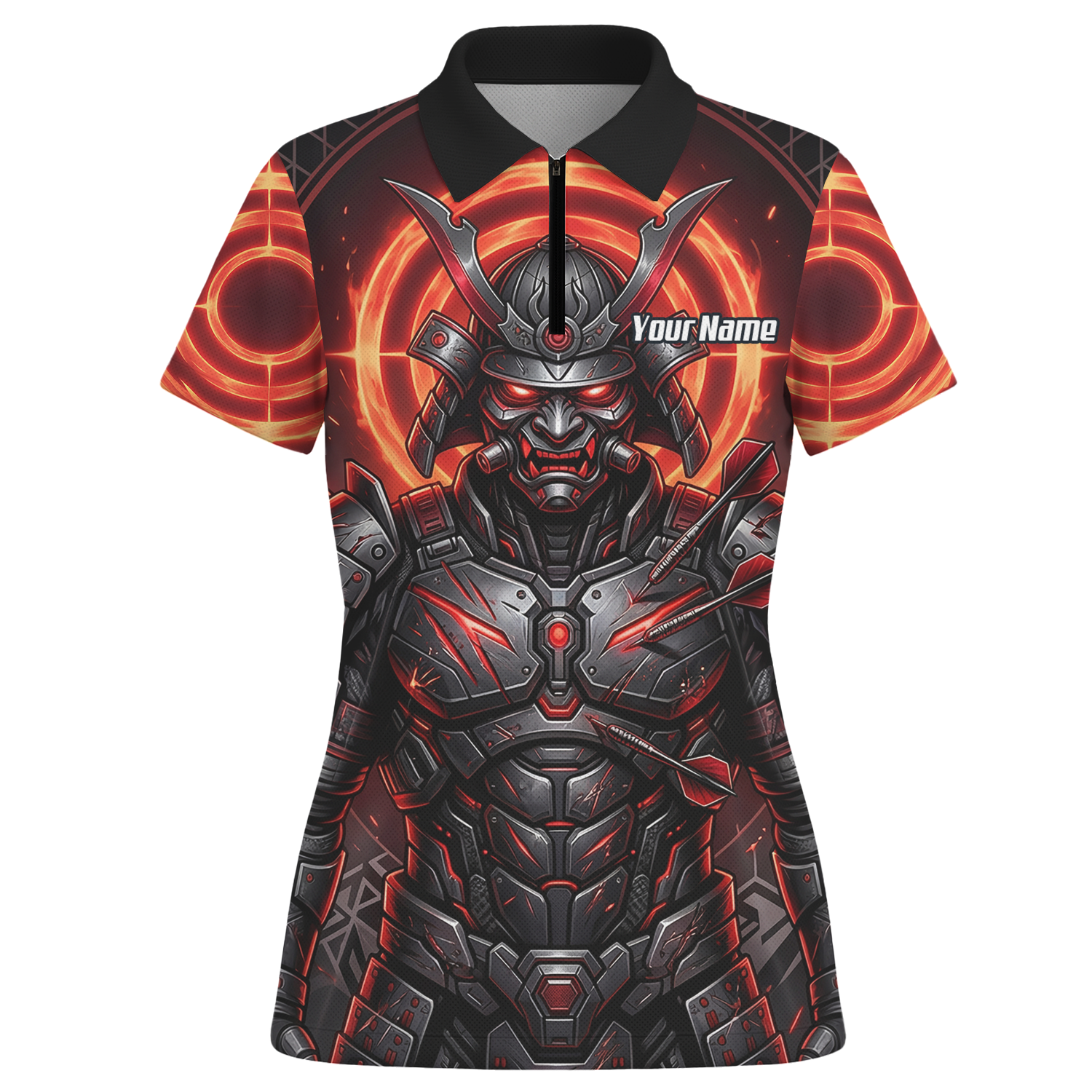 Personalised Samurai Dart Jersey for Women, Custom Red and Black Cyberpunk Darts Shirt, Darts Polo with Name R5691