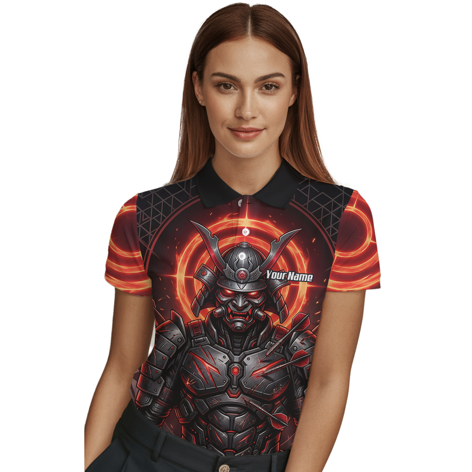 Personalised Samurai Dart Jersey for Women, Custom Red and Black Cyberpunk Darts Shirt, Darts Polo with Name R5691