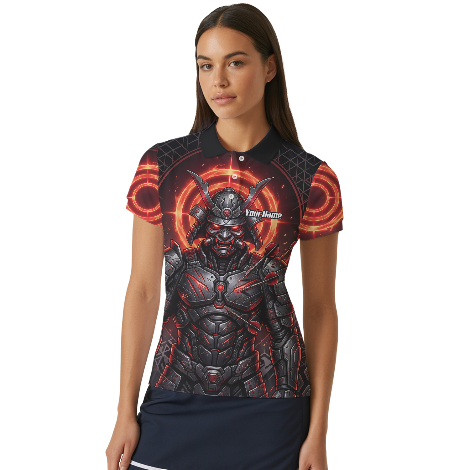 Personalised Samurai Dart Jersey for Women, Custom Red and Black Cyberpunk Darts Shirt, Darts Polo with Name R5691