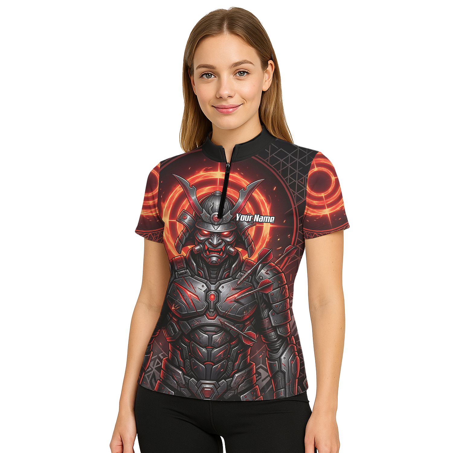 Personalised Samurai Dart Jersey for Women, Custom Red and Black Cyberpunk Darts Shirt, Darts Polo with Name R5691