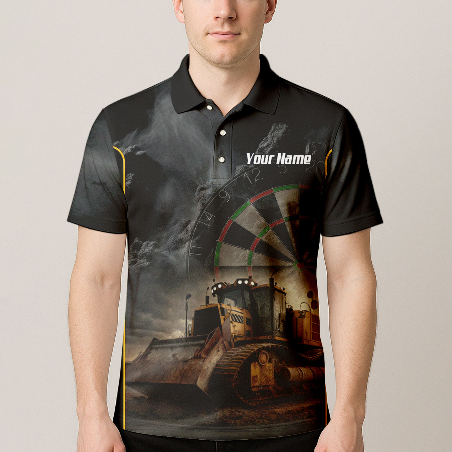 Personalised Bulldozer Dart Jersey Polo and Zipper For Men Custom Construction Design Black Yellow T4397