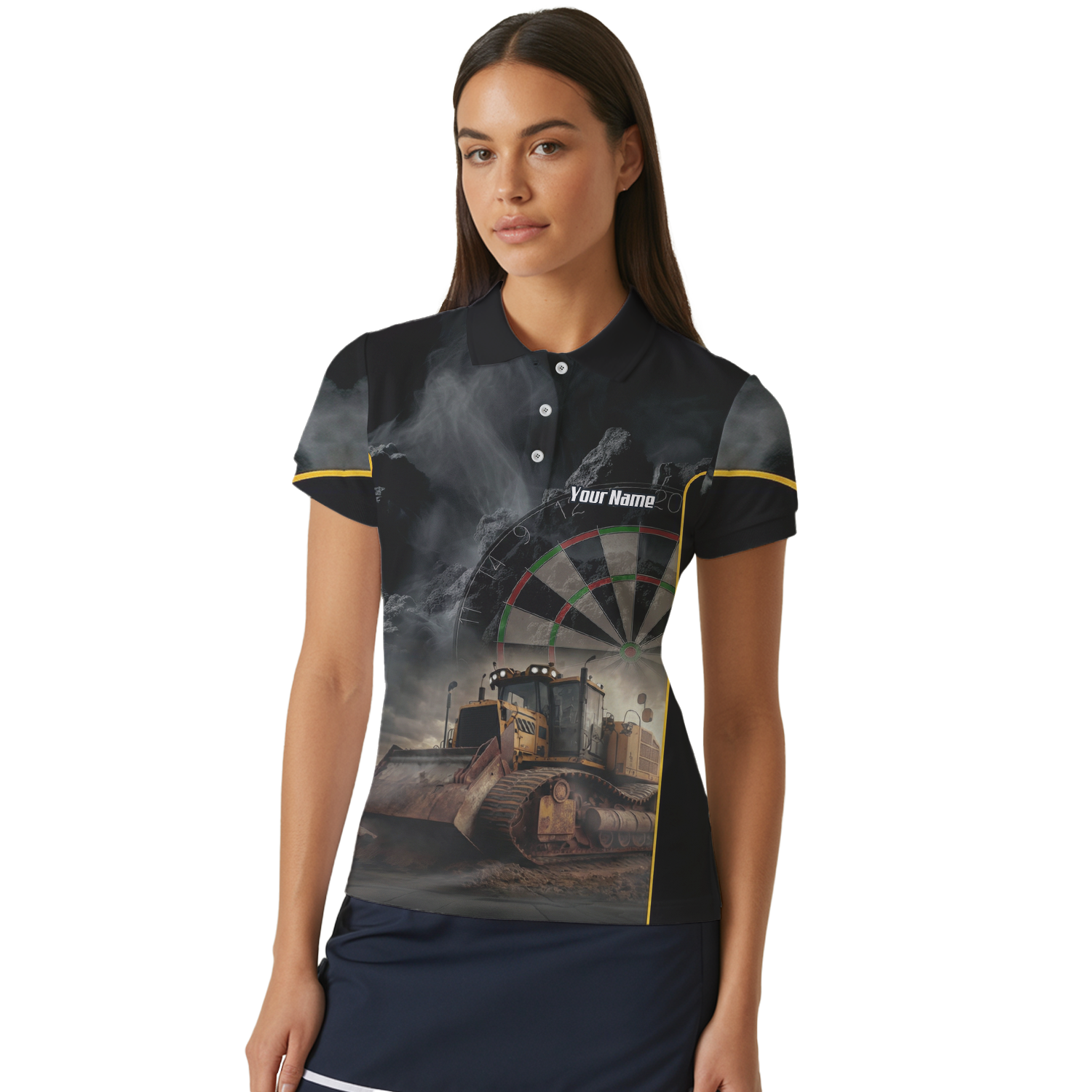 Personalised Bulldozer Dart Jersey Polo and Zipper For Women Custom Construction Design Black Yellow T4397