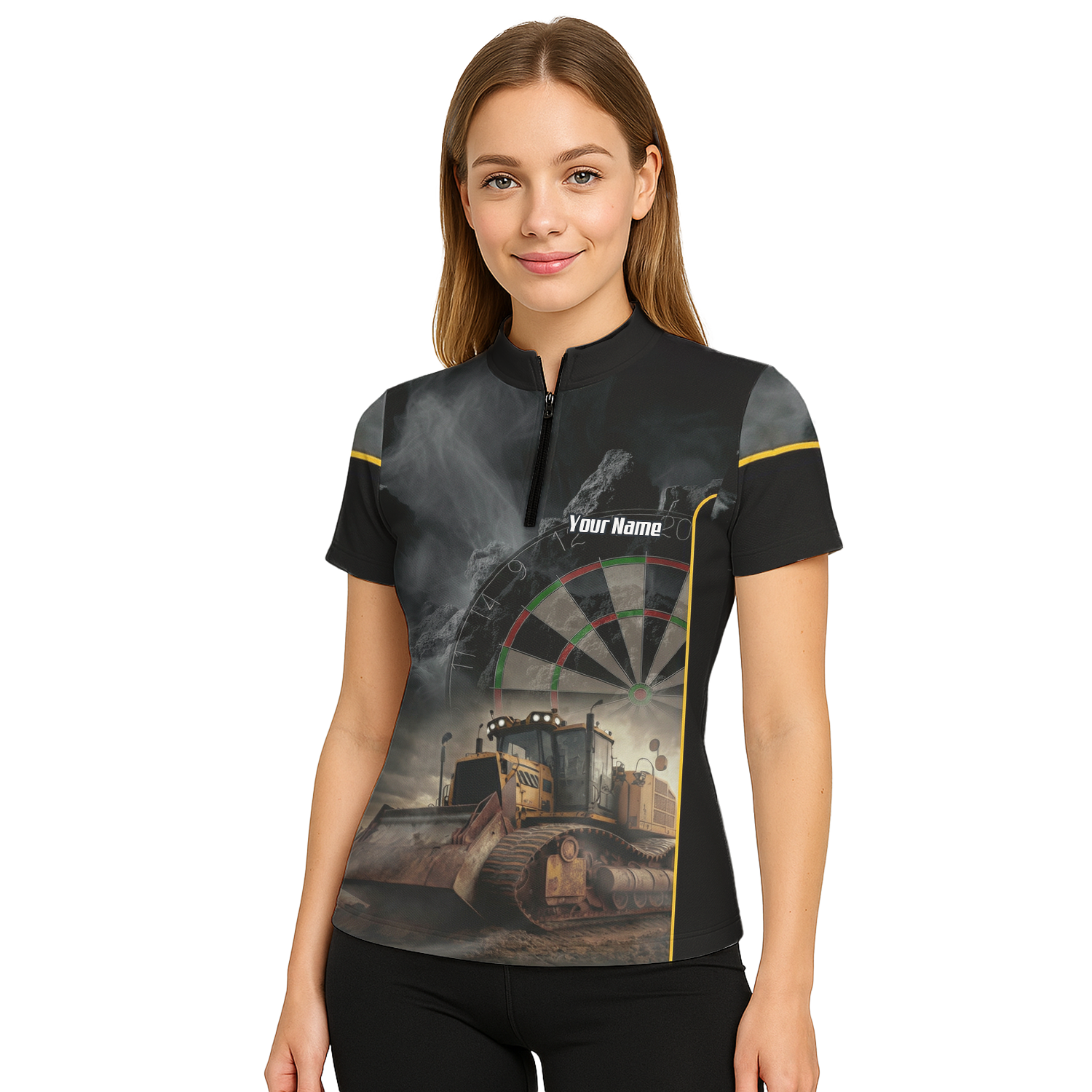 Personalised Bulldozer Dart Jersey Polo and Zipper For Women Custom Construction Design Black Yellow T4397