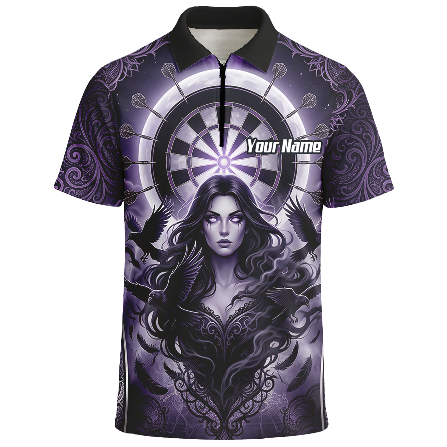 Personalised Purple Gothic Goddess Dart Jersey For Men Custom Raven Crow Dart Shirt Polo Zipper T5505