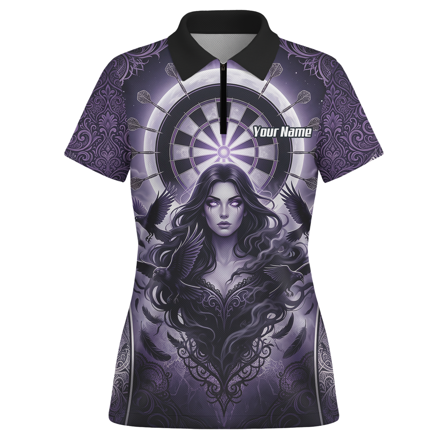 Personalised Purple Gothic Goddess Dart Jersey For Women Custom Raven Crow Dart Shirt Polo Zipper T5505