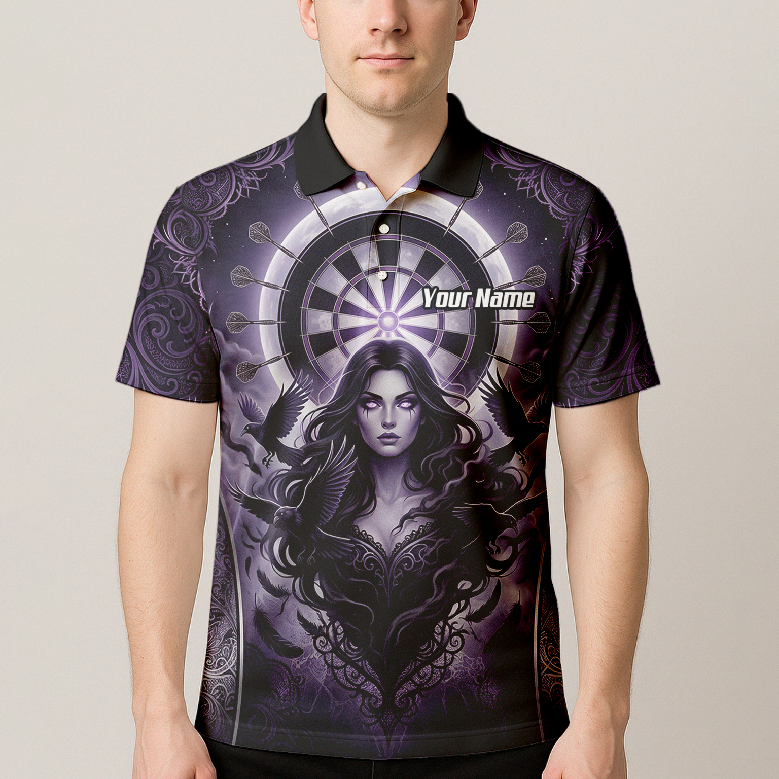 Personalised Purple Gothic Goddess Dart Jersey For Men Custom Raven Crow Dart Shirt Polo Zipper T5505