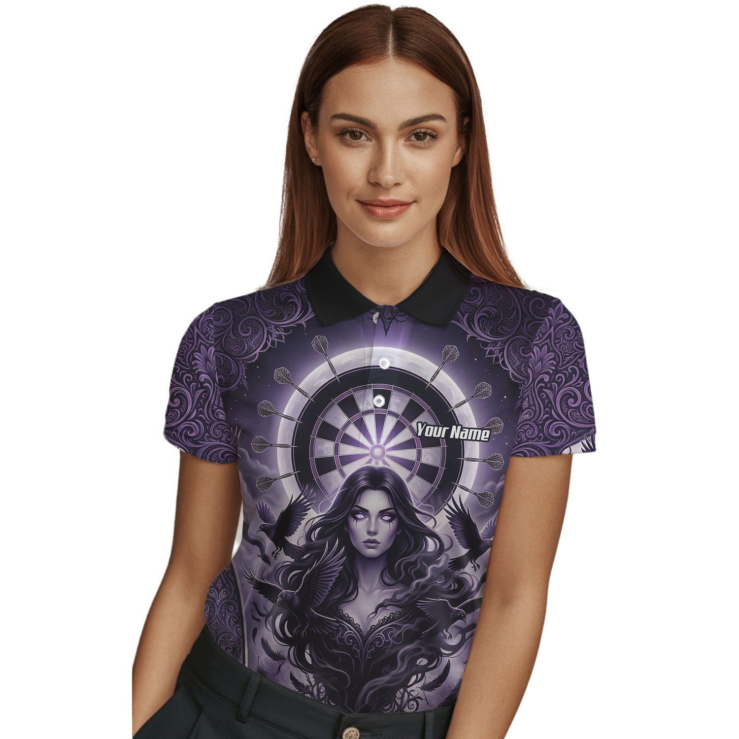 Personalised Purple Gothic Goddess Dart Jersey For Women Custom Raven Crow Dart Shirt Polo Zipper T5505
