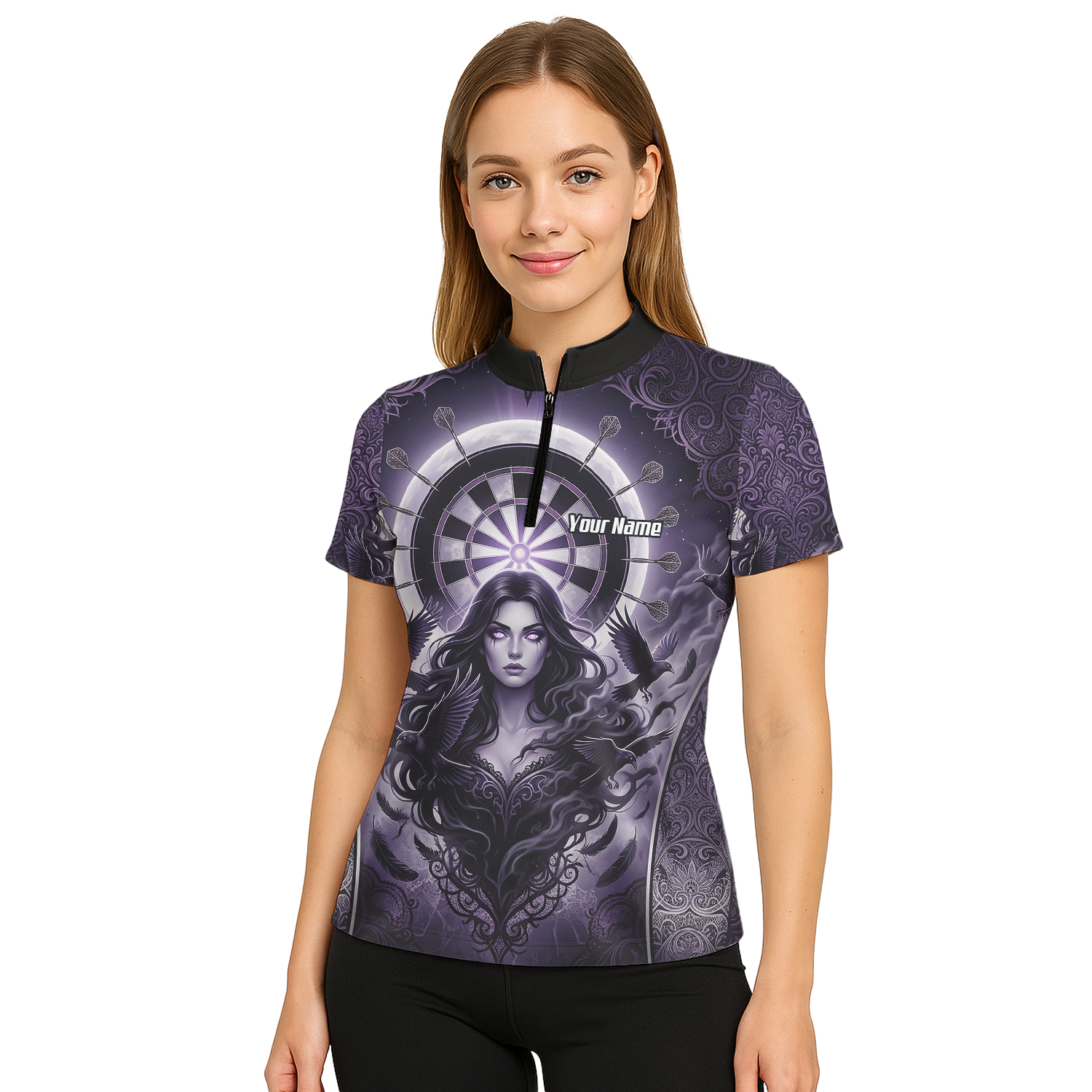 Personalised Purple Gothic Goddess Dart Jersey For Women Custom Raven Crow Dart Shirt Polo Zipper T5505