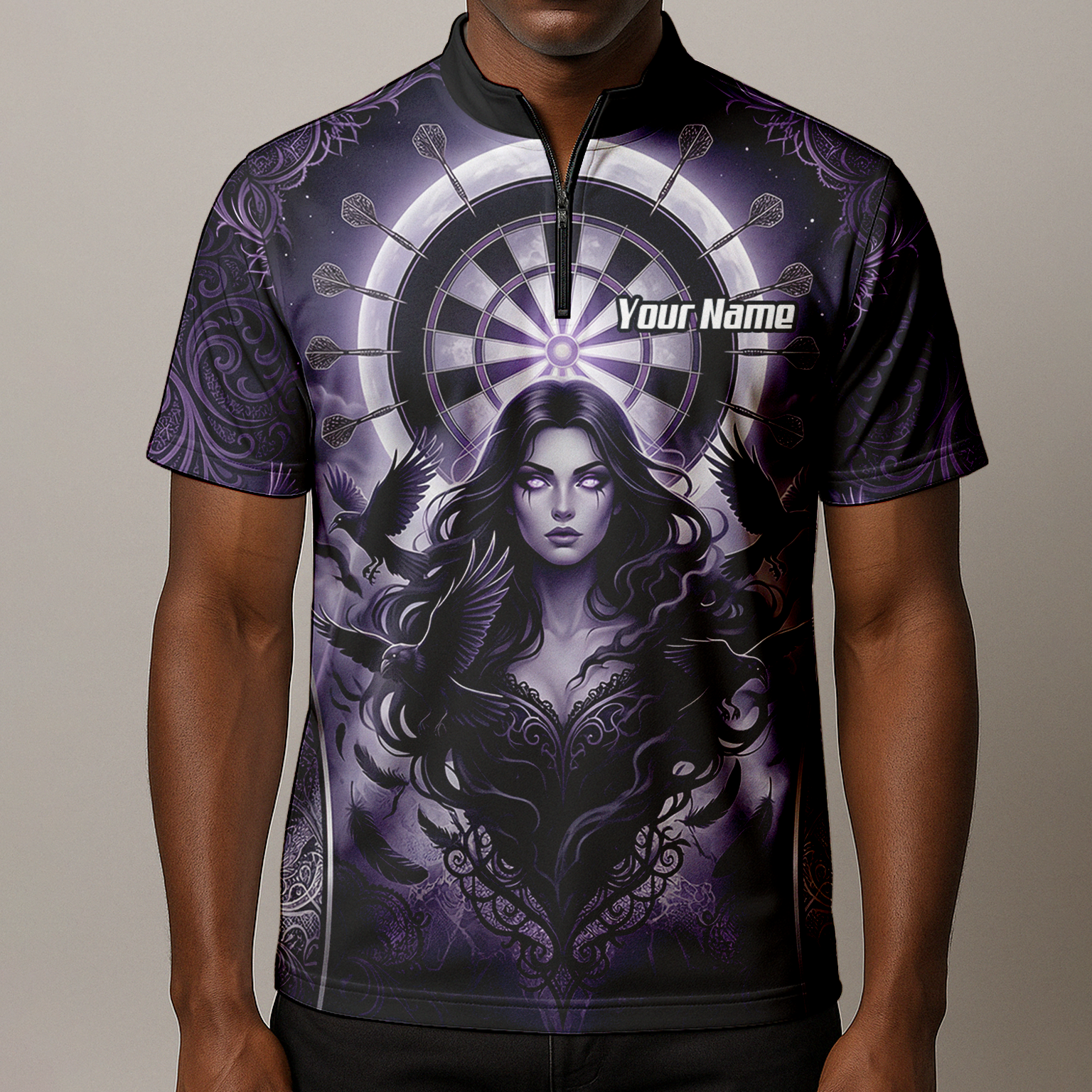 Personalised Purple Gothic Goddess Dart Jersey For Men Custom Raven Crow Dart Shirt Polo Zipper T5505
