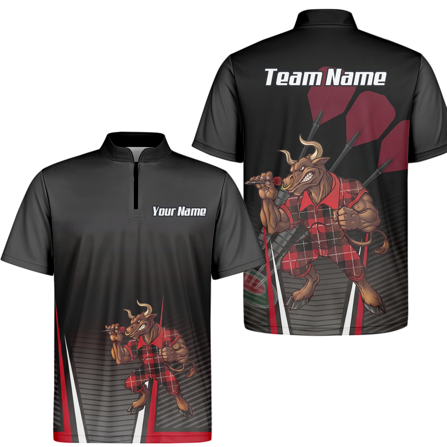 Personalised Bull Dart Jersey Polo and Zipper For Men Red Black Tartan Custom Shirt V3107 - Zipper Yes