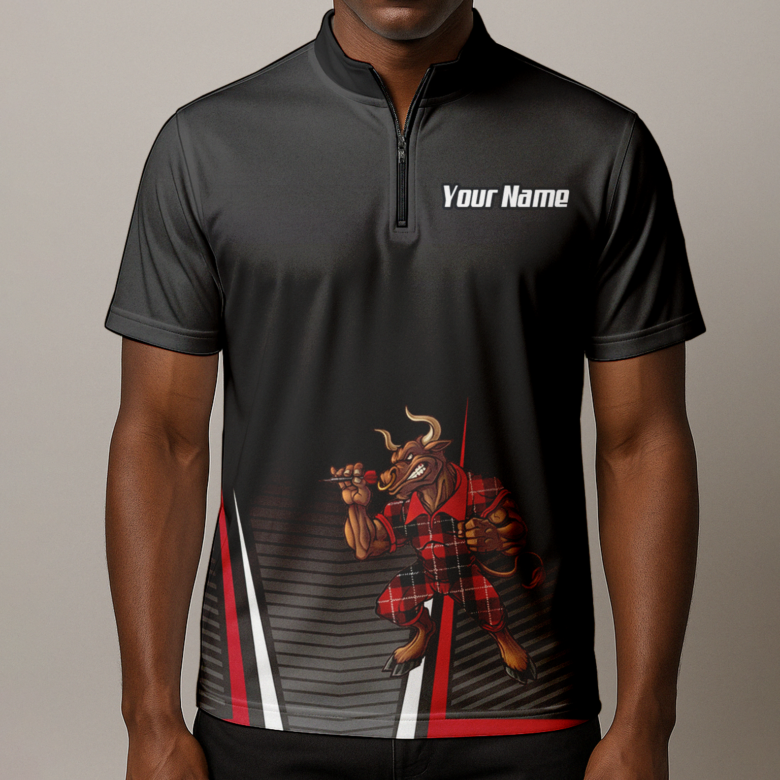 Personalised Bull Dart Jersey Polo and Zipper For Men Red Black Tartan Custom Shirt V3107