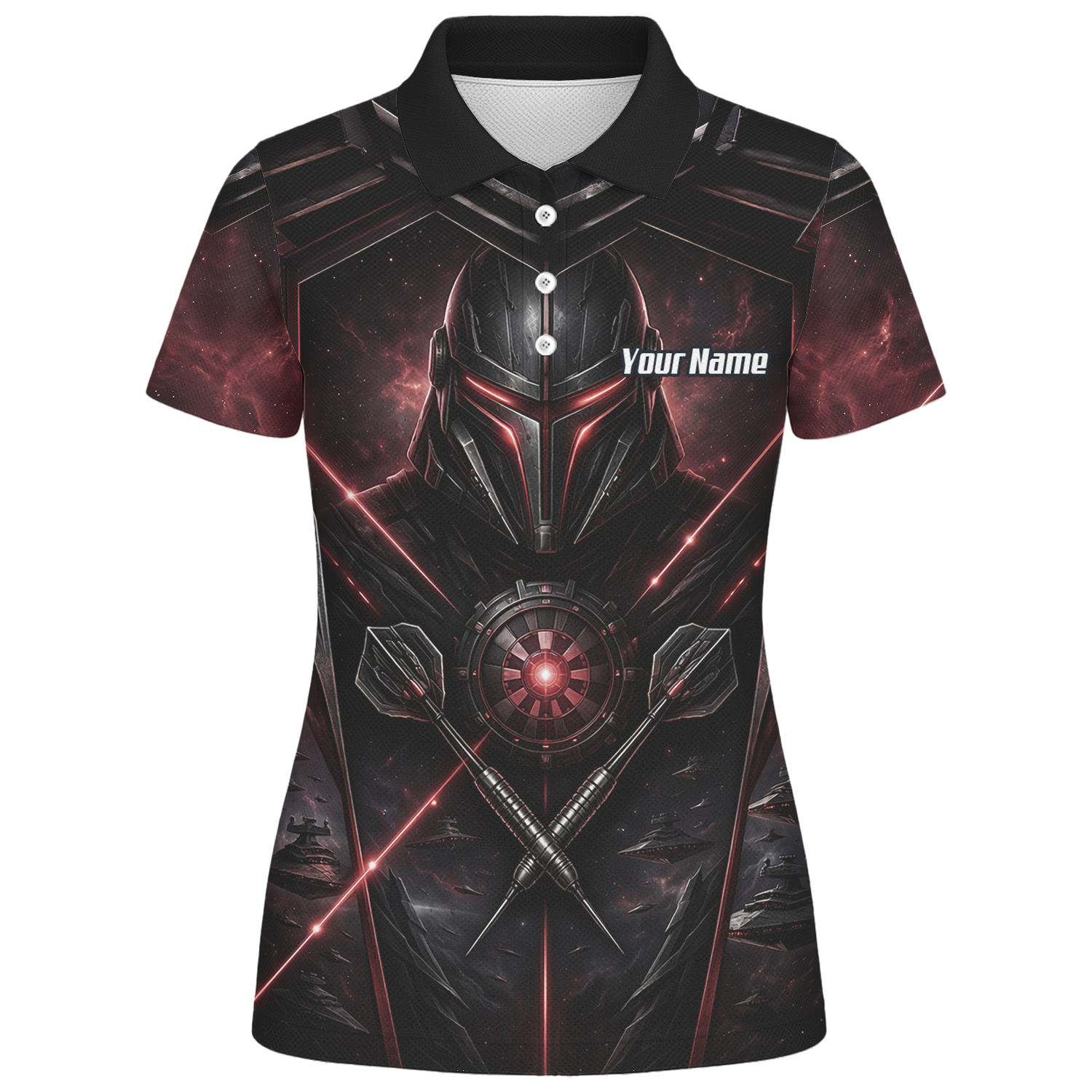 Personalised Galactic Warrior Dart Jersey Women's Custom Darts Shirt Black Red Sci-Fi Cyber Knight Polo V9187