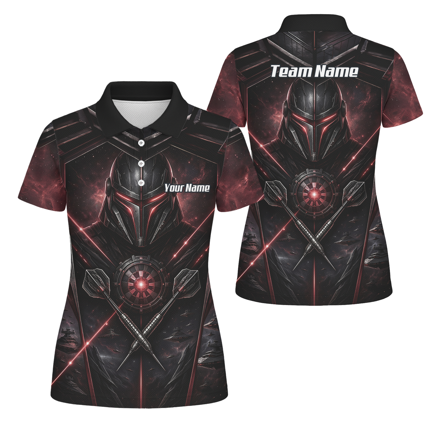 Personalised Galactic Warrior Dart Jersey Women's Custom Darts Shirt Black Red Sci-Fi Cyber Knight Polo V9187