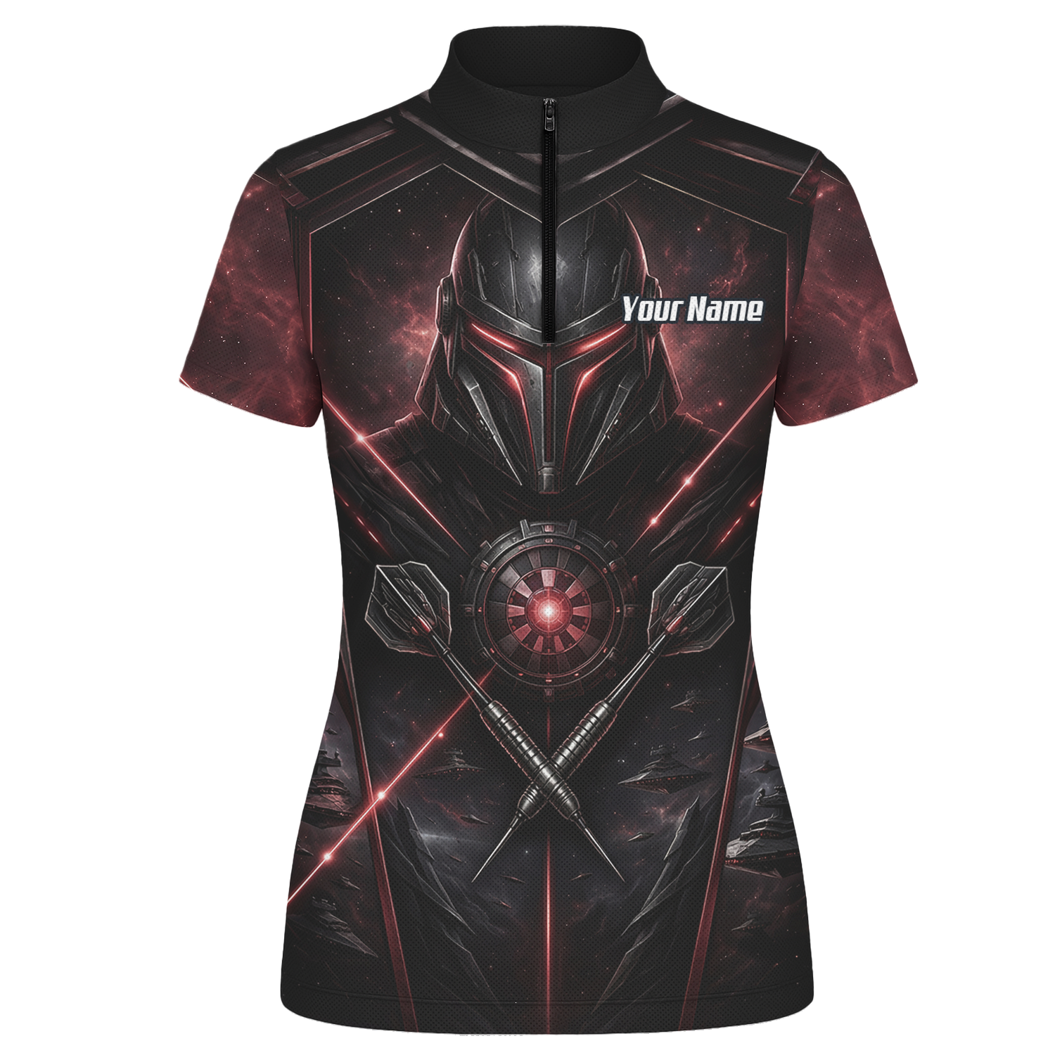 Personalised Galactic Warrior Dart Jersey Women's Custom Darts Shirt Black Red Sci-Fi Cyber Knight Polo V9187