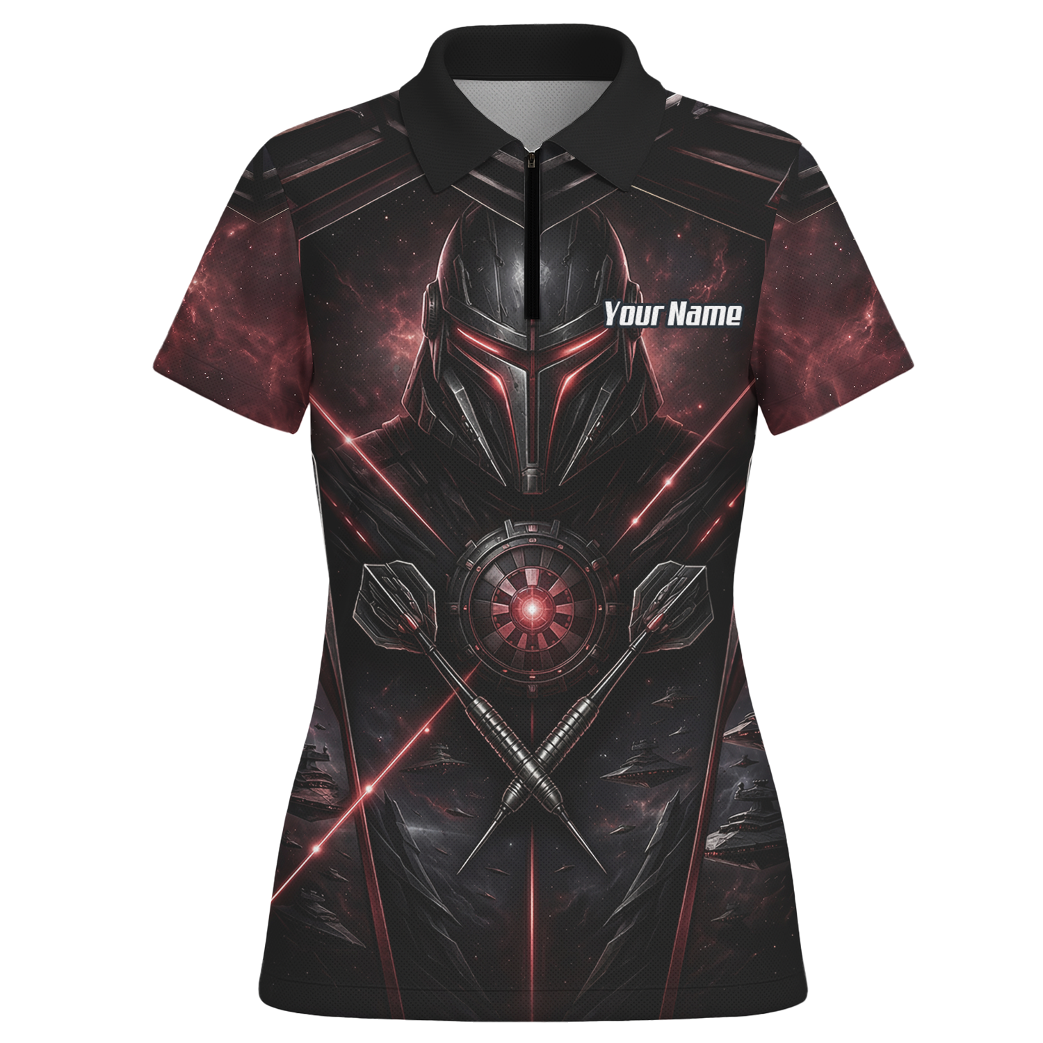 Personalised Galactic Warrior Dart Jersey Women's Custom Darts Shirt Black Red Sci-Fi Cyber Knight Polo V9187