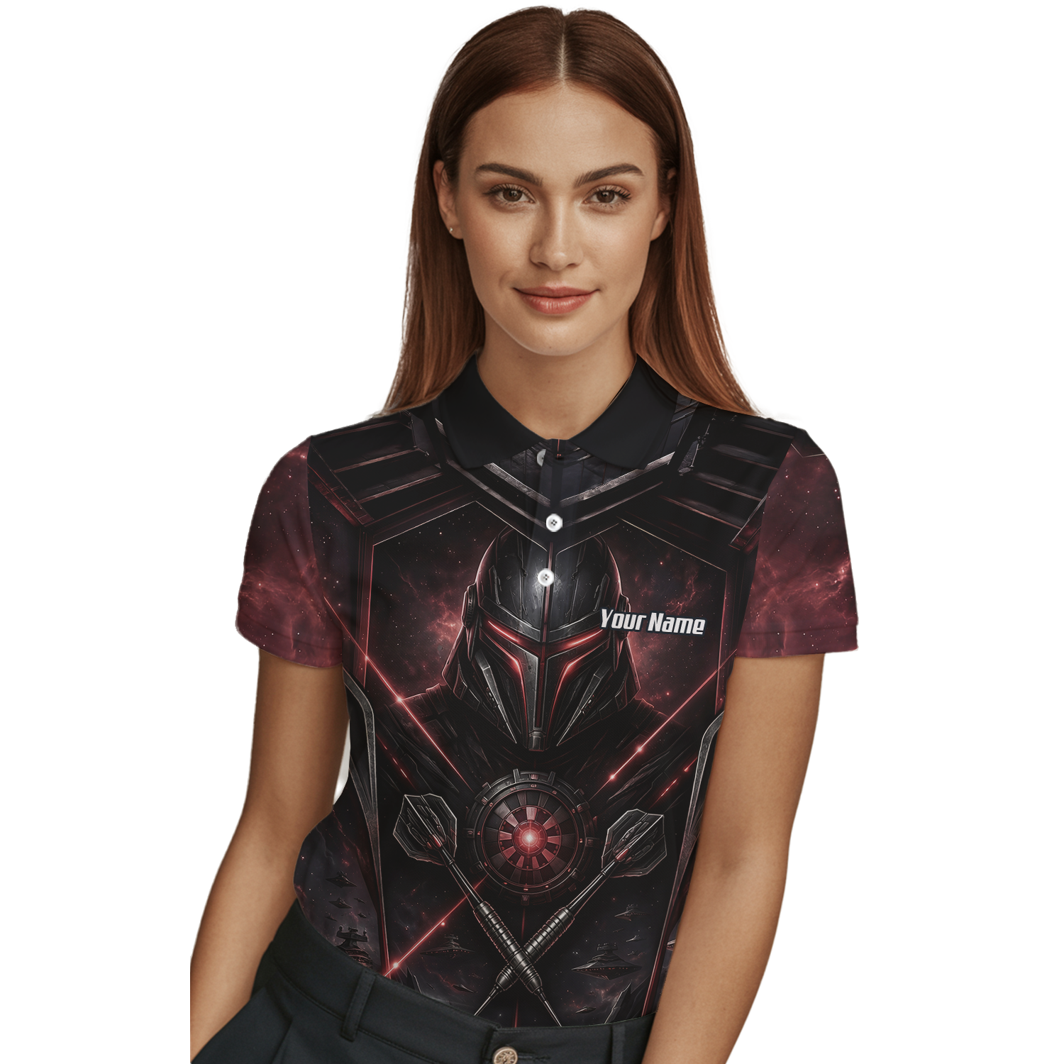 Personalised Galactic Warrior Dart Jersey Women's Custom Darts Shirt Black Red Sci-Fi Cyber Knight Polo V9187