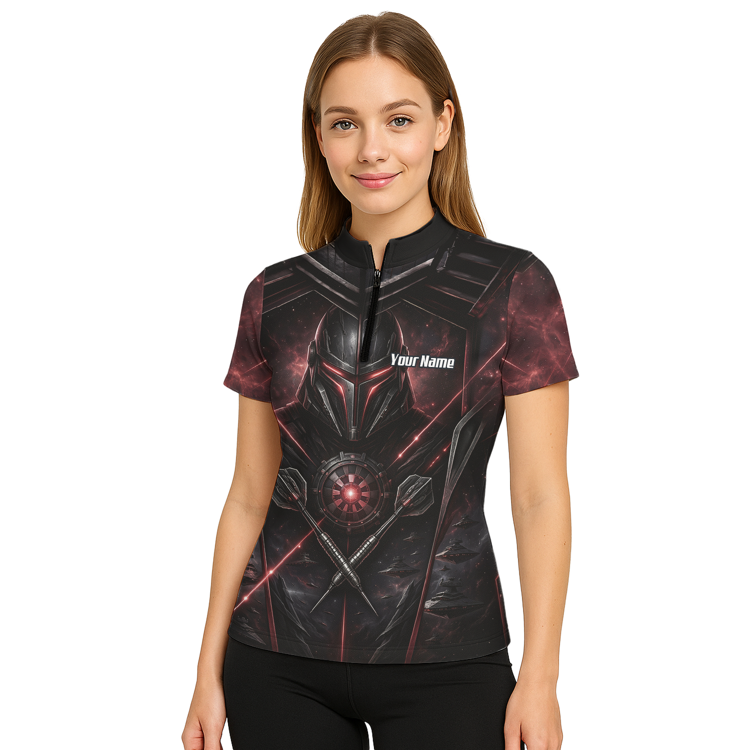 Personalised Galactic Warrior Dart Jersey Women's Custom Darts Shirt Black Red Sci-Fi Cyber Knight Polo V9187