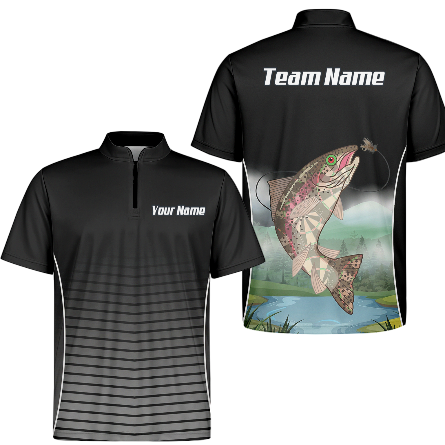 Personalised Trout Fishing Dart Jersey Polo and Zipper For Men Custom Black Grey Shirt V9509 - Zipper Yes